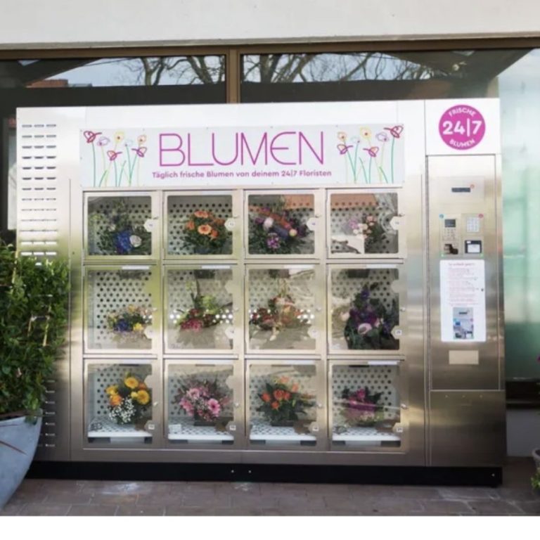 Rosa Logo mit der Aufschrift "Frische Blumen 24/7" in weißer Schrift.